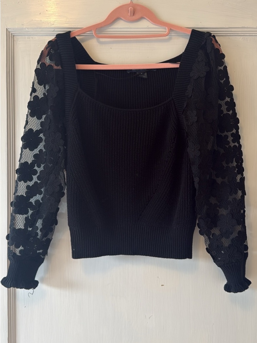 French Connection Black Knit Sweater with Floral Lace Sleeves